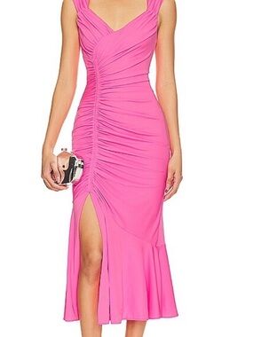 cinq a sept Pink Ruched V-Neck Midi Dress with Side Slit